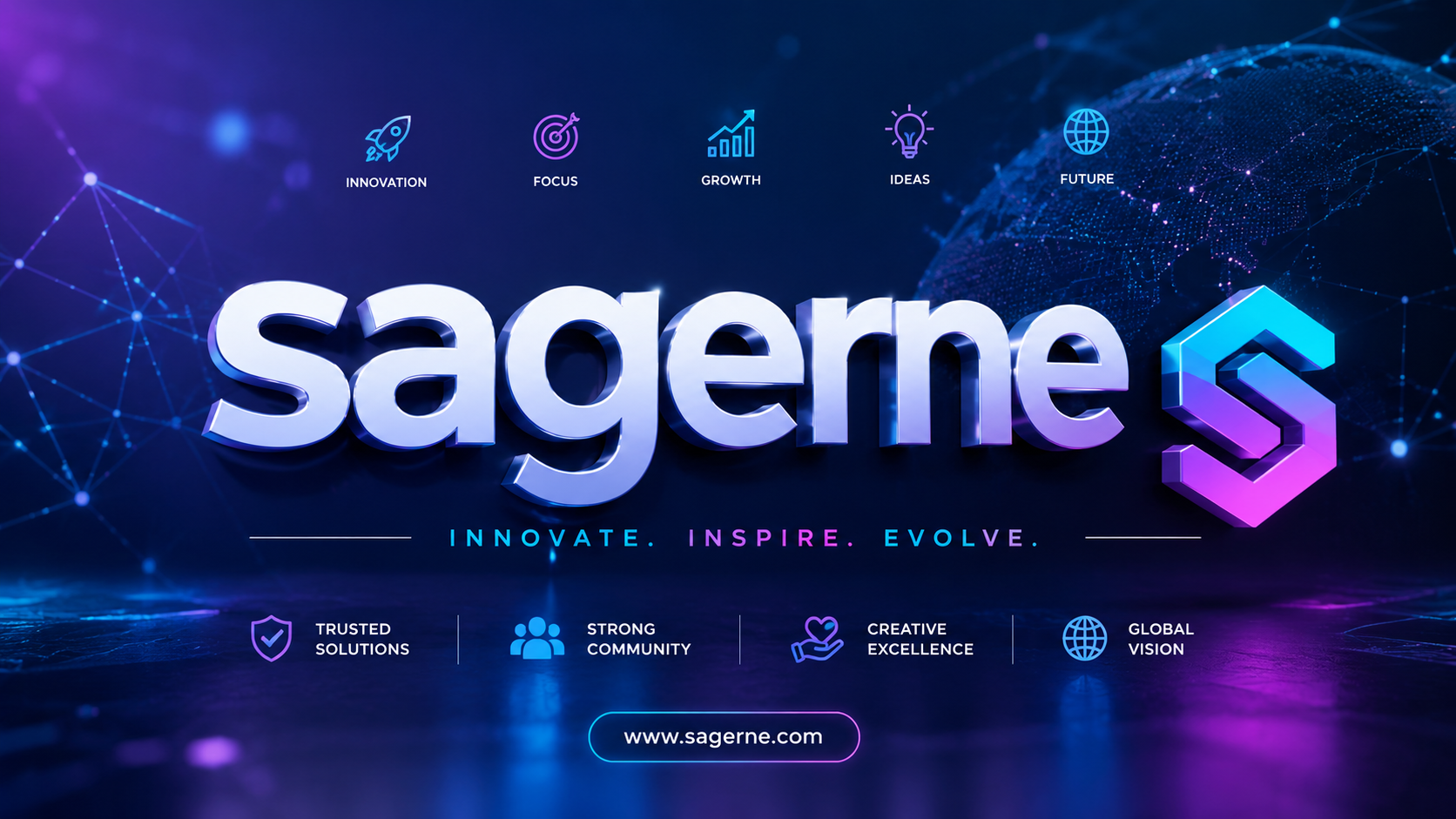 Futuristic 3D digital branding image for sagerne with glowing neon technology elements and modern online innovation theme.