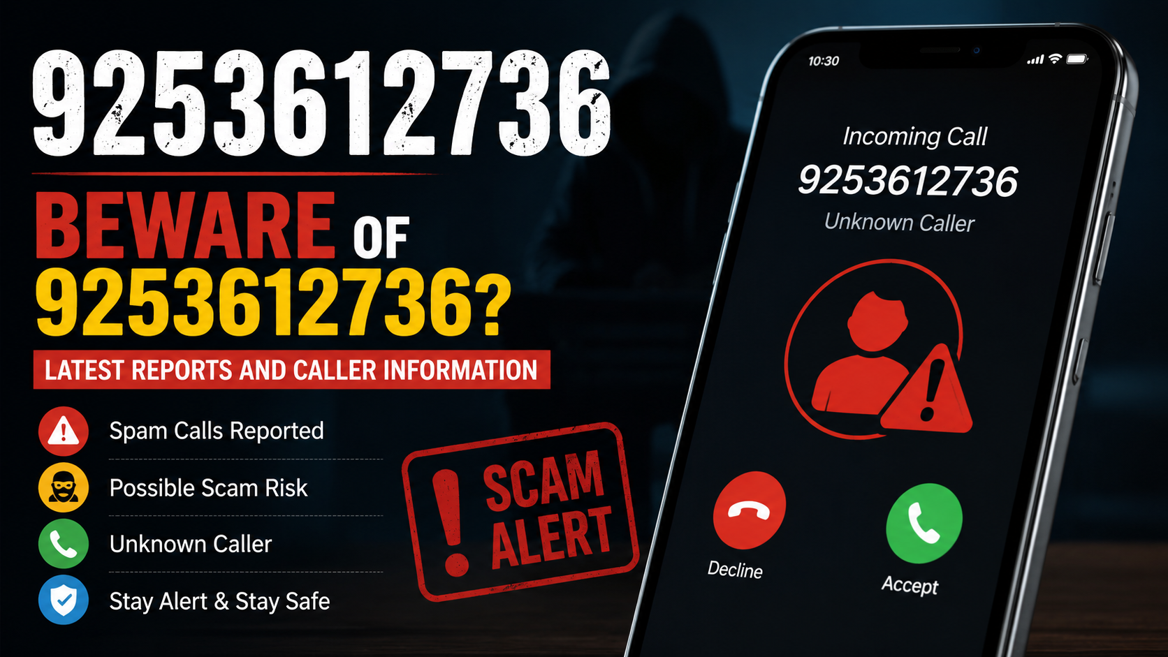 Mobile phone showing incoming call from 9253612736 with spam warning alert