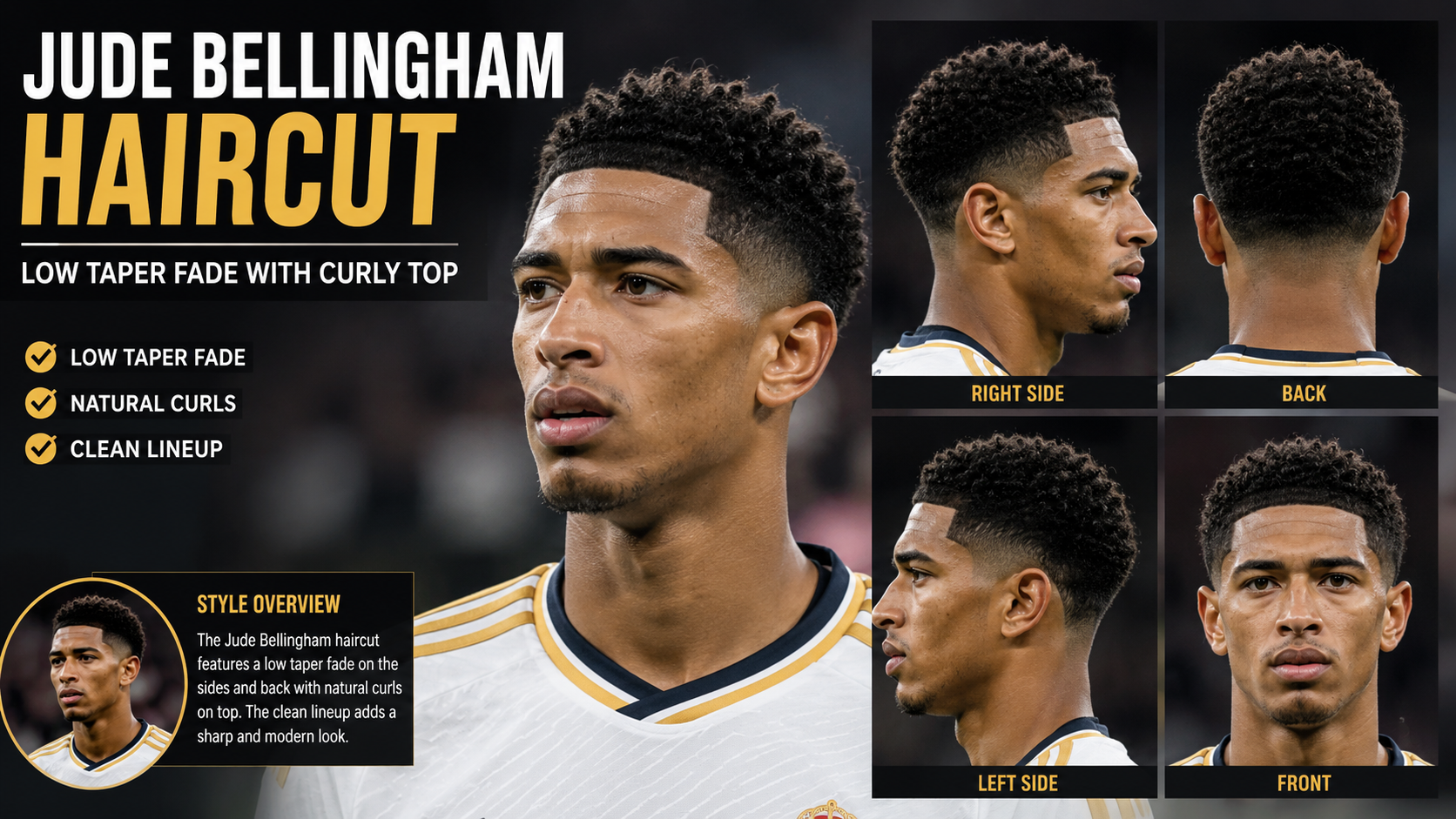 Jude Bellingham haircut with low taper fade and curly textured top in 2026