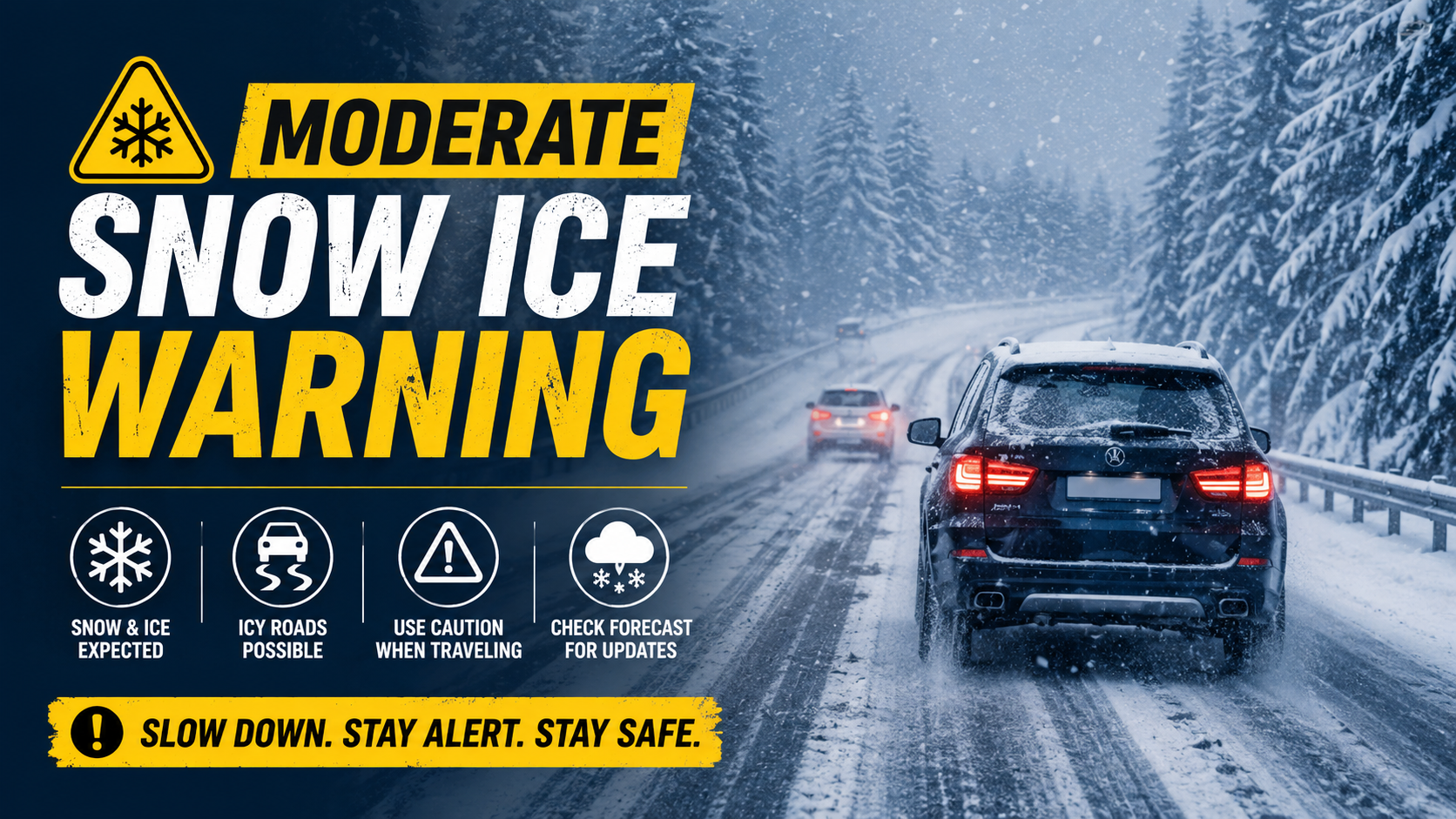 Cars driving carefully during a moderate snow ice warning in snowy winter conditions